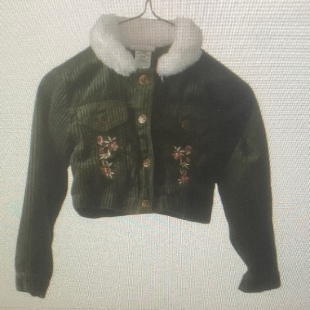 Kids Green Corduroy Jacket with Floral Embroidery